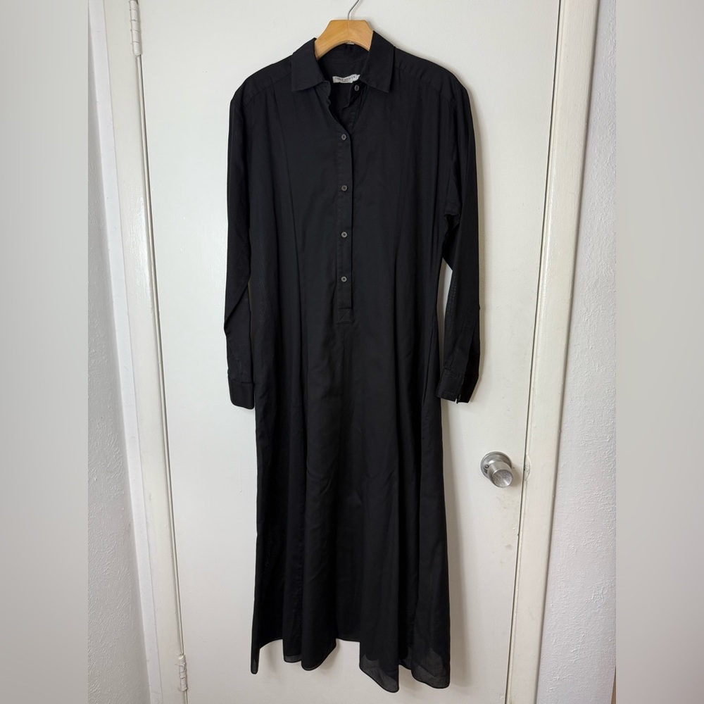 Three graces black cotton, long sleeve button front shirt dress midi/maxi 12